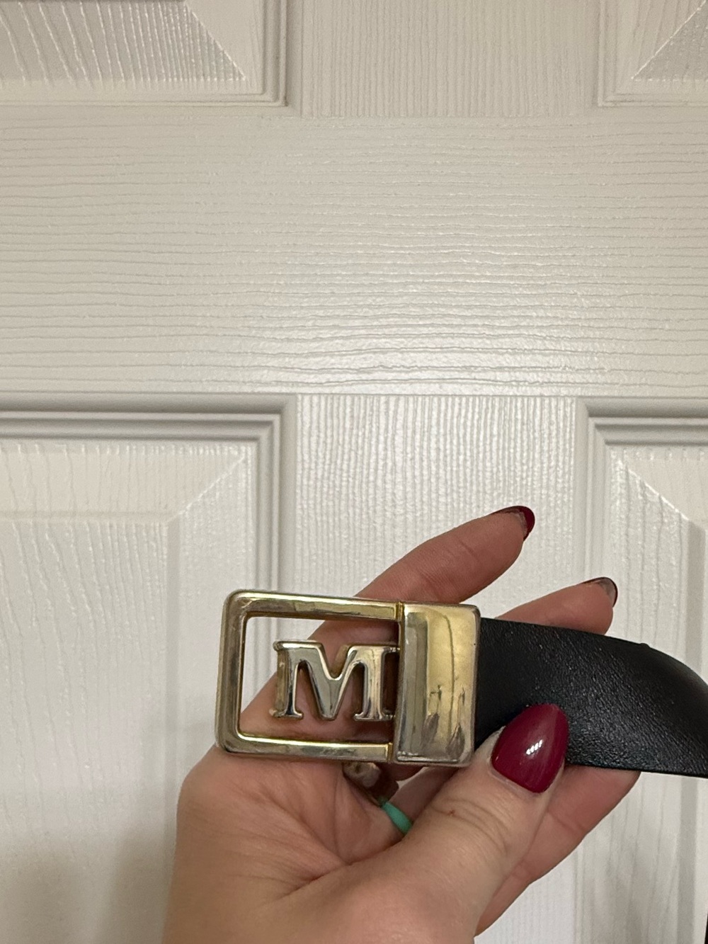 Black Leather Belt with Gold 'M' Buckle